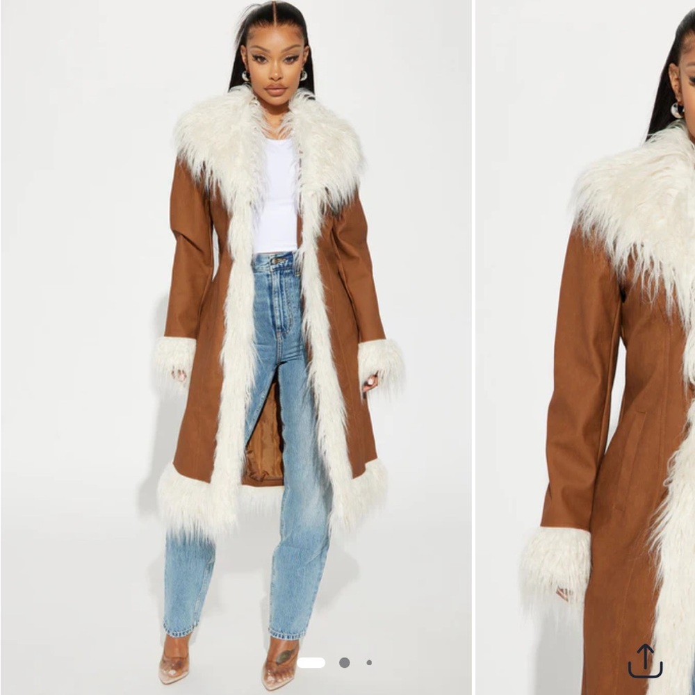 Fashion Nova Brown Teddy Jacket with Cream Fur Trim
